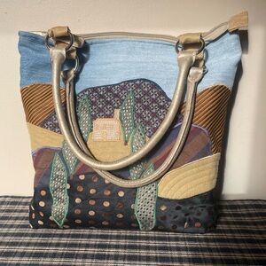 NINE WEST Artistic Patchwork Fabric Tote Bag Scenic Design Metallic Handles #602